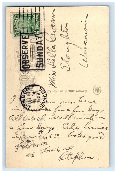 1929 Hotel London, London Ontario Canada CA Posted Cancel Postcard