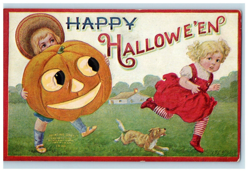 c1910 Happy Halloween International Art Pumpkin JOL Children Dog Postcard