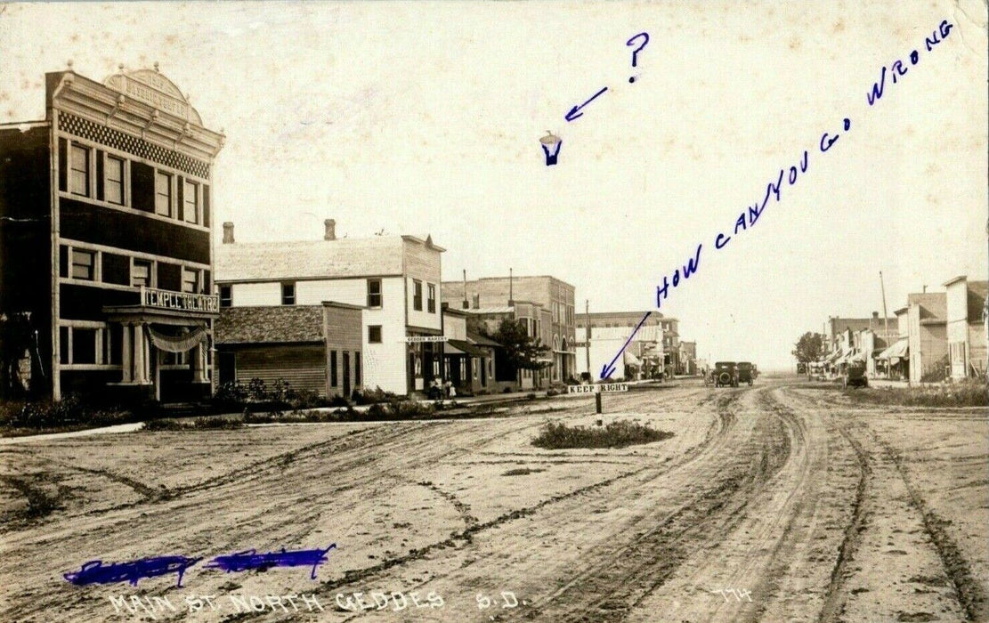 1919 Geddes South Dakota SD Main St. North RPPC Photo Temple Theater Postcard