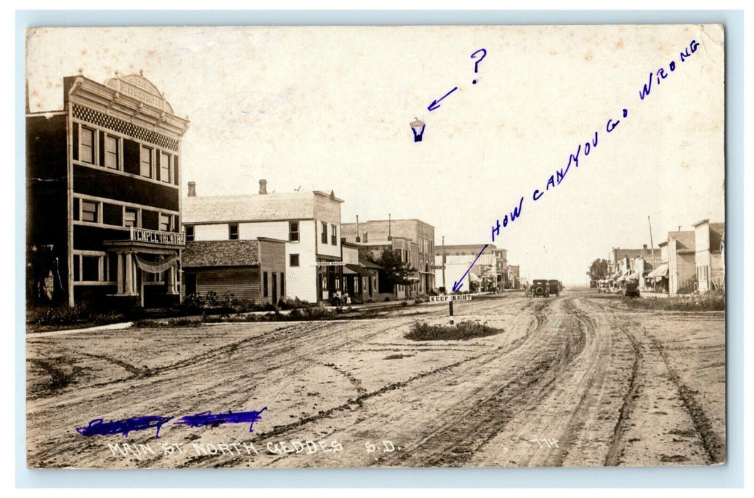 1919 Geddes South Dakota SD Main St. North RPPC Photo Temple Theater Postcard