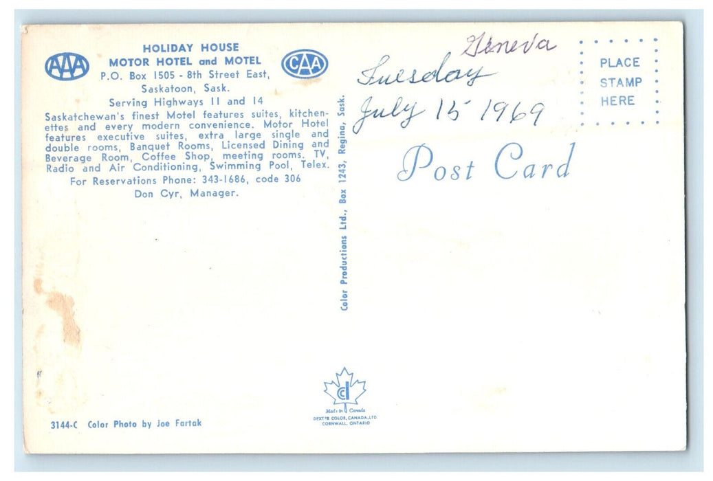 1969 Holiday House, Motor Hotel and Motel Saskatoon Sask Canada Postcard
