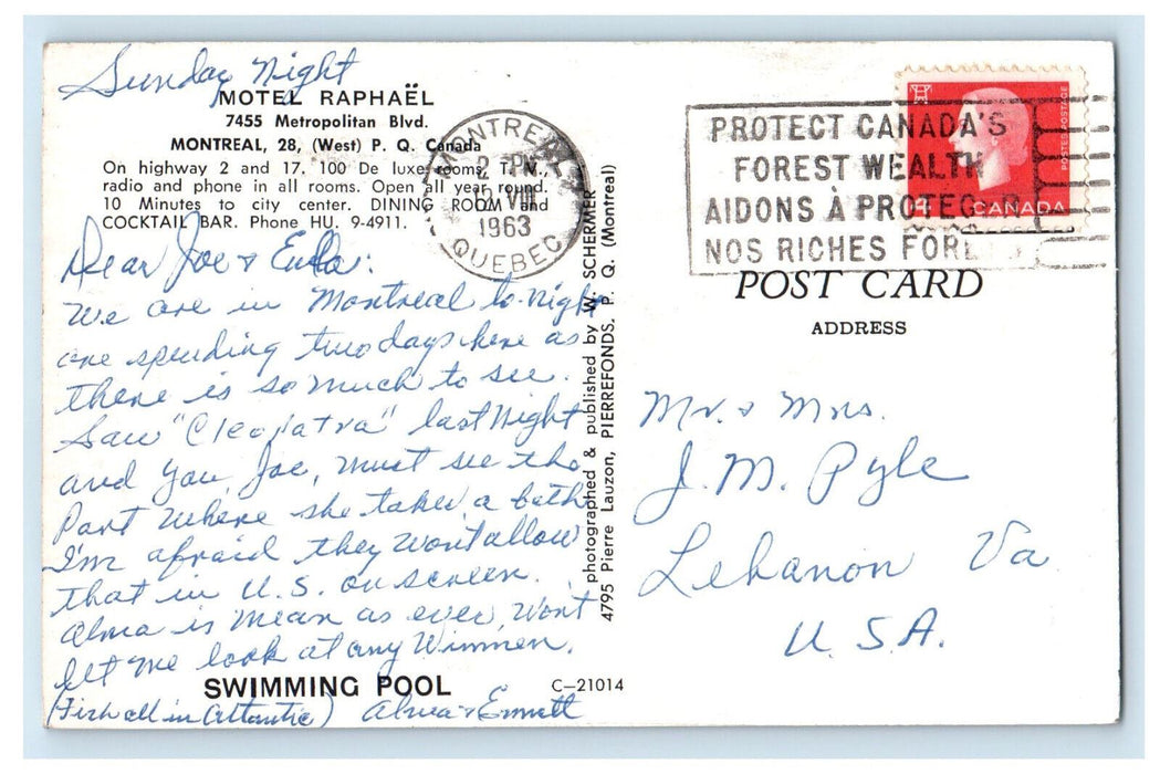 1963 Motel Raphael Montreal Canada CA Vintage Posted Cancel Postcard