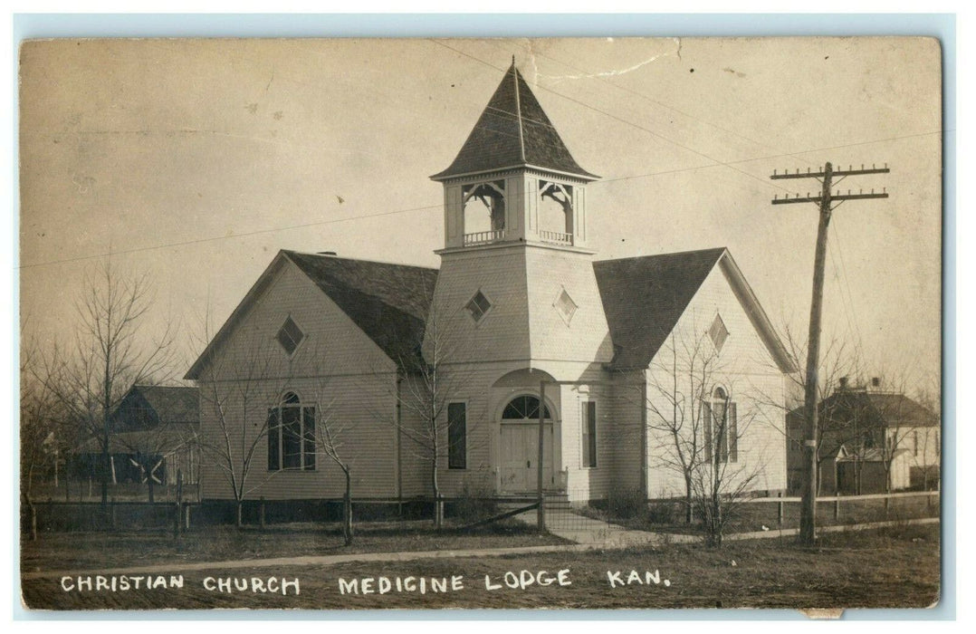 1920 Christian Church Medicine Lodge Kansas KS Woodstock IL RPPC Photo Postcard