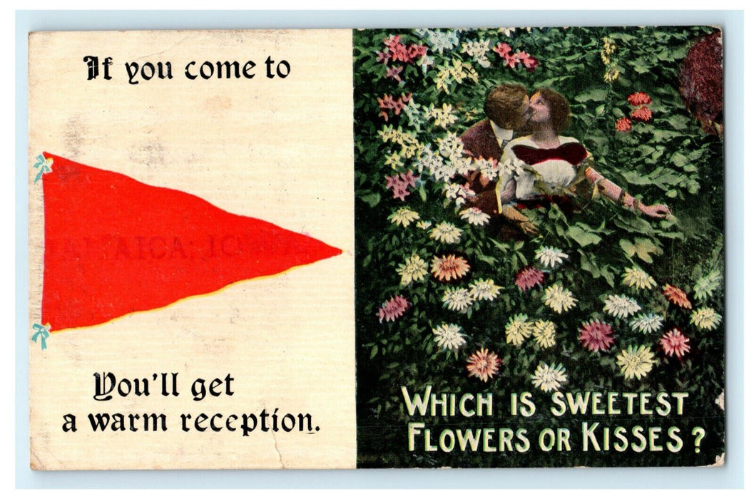 1913 Sweet Kissing Couple Romantic Jamaica Iowa IA Banner Posted Postcard