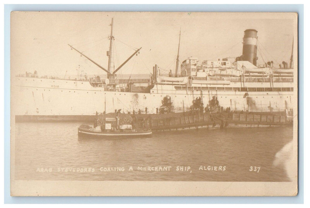 c1920 Arab Stevedores Coaling Merchant Ship Algiers Algeria  RPPC Photo Postcard