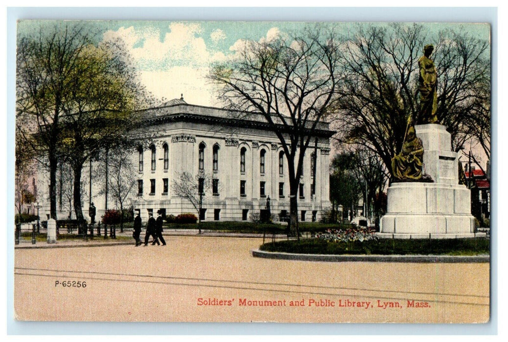 1914 Soldier's Monument And Public Library Lynn Massachusetts MA Postcard