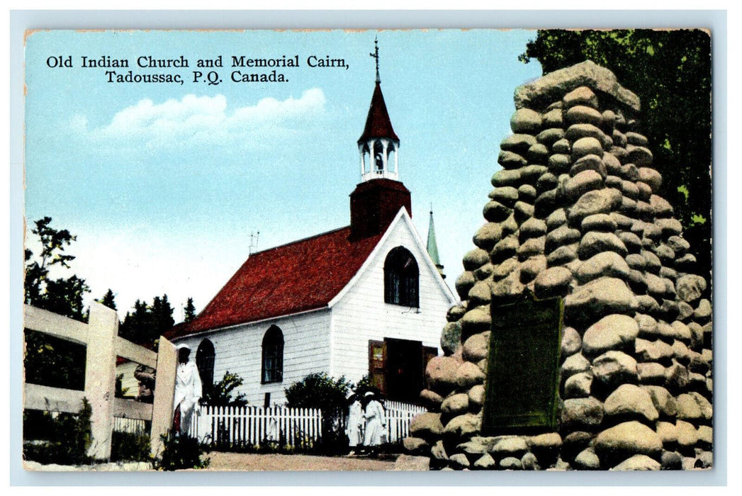 c1910 Old Indian Church and Memorial Cairn Tadoussac PQ Canada Postcard