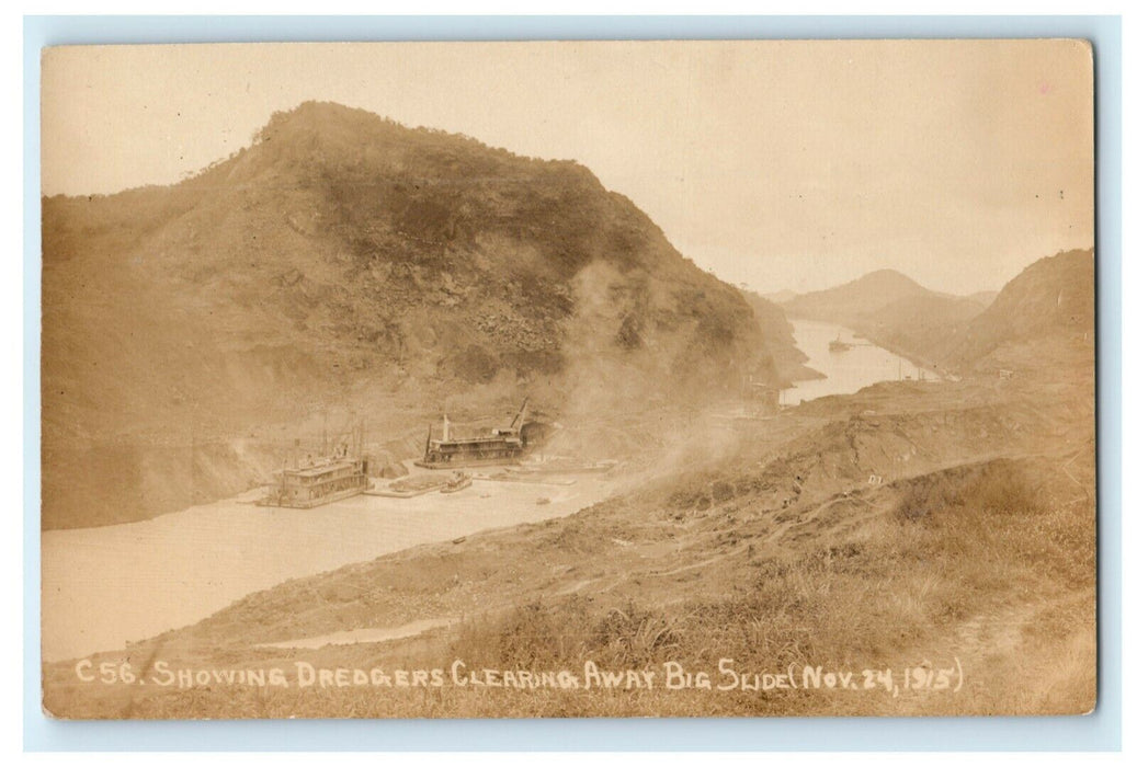 1915 Dredgers Clearing Slide Panama Canal Antique RPPC Photo Postcard