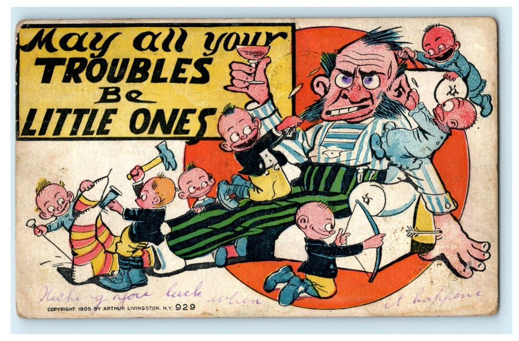 1907 All Troubles Are Little Ones Kids Annoying Father Comic Humor Postcard