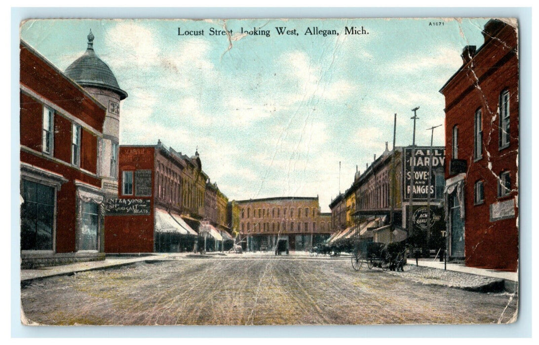 1909 Locust Street Looking West Allegan Michigan MI Posted Antique Postcard