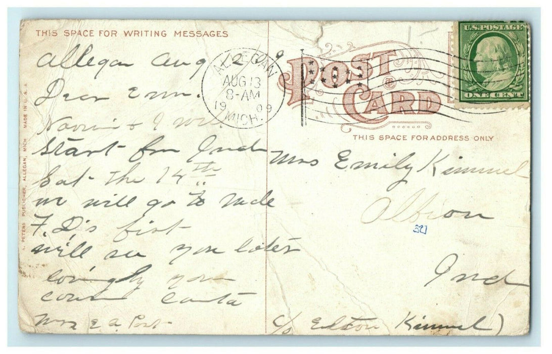 1909 Locust Street Looking West Allegan Michigan MI Posted Antique Postcard