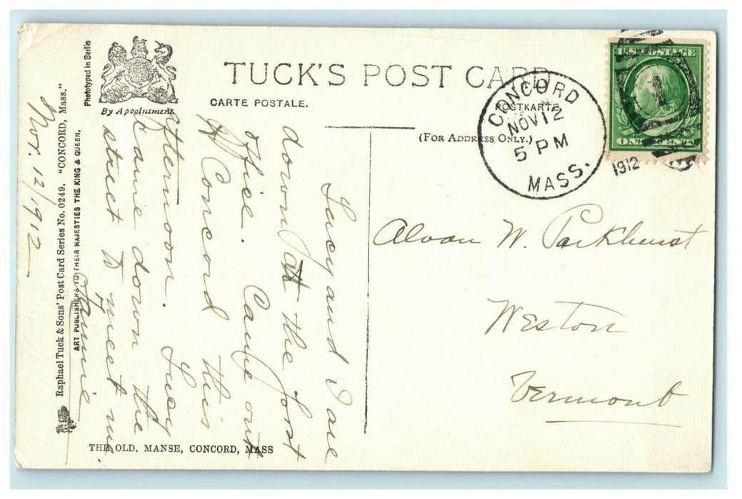 1912 Tuck The Old Manse Concord Massachusetts MA Posted Antique Postcard