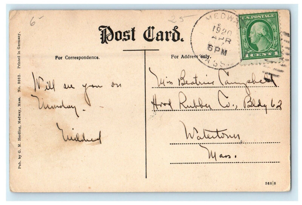 1920 Baptist Church, West Medway Massachusetts MA Posted Vintage Postcard