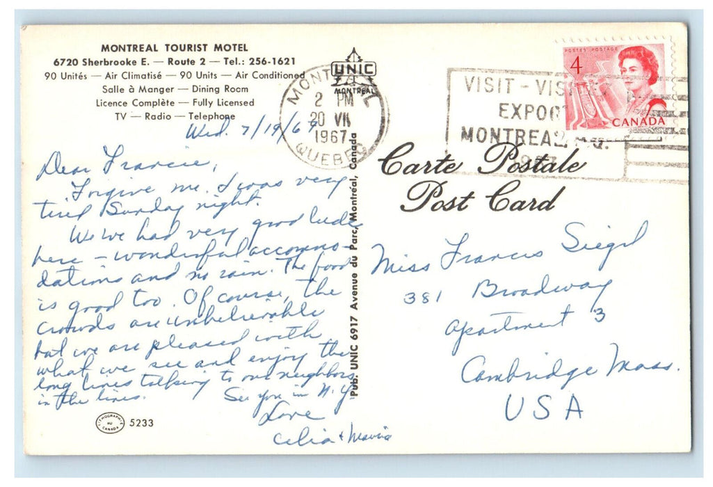 1967 Multiview, Montreal Tourist Motel Montreal Quebec Canada Postcard