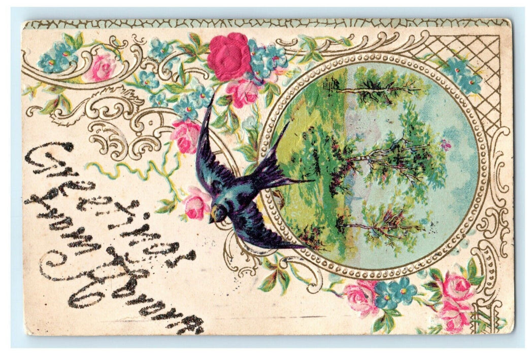 1908 Greetings From Aurora Illinois Posted Antique Bird Roses Silk Postcard