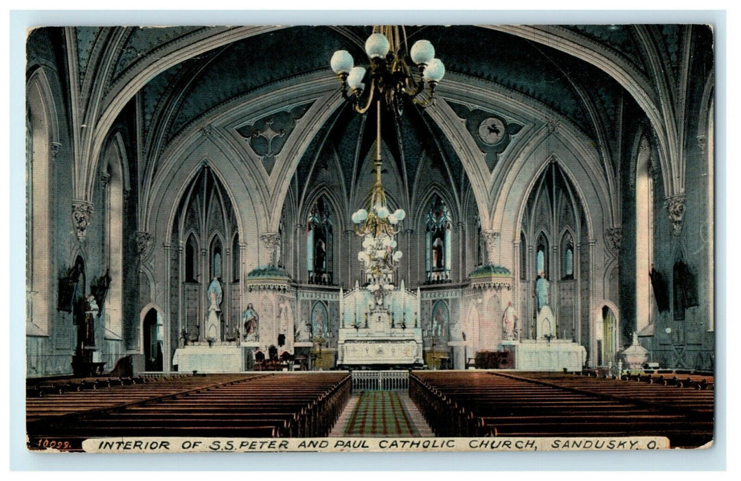 1914 Interior of S.S. Peter Paul Catholic Church Sandusky Ohio OH Postcard