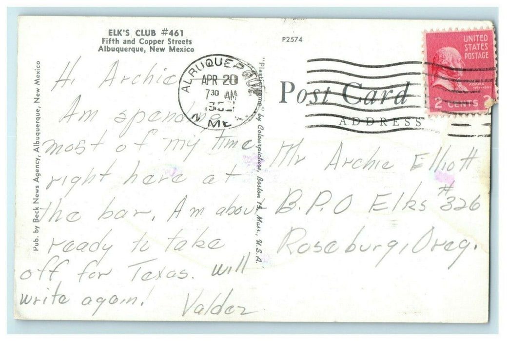 1952 Elk's Club New Mexico Albuquerque NM Posted Vintage Postcard