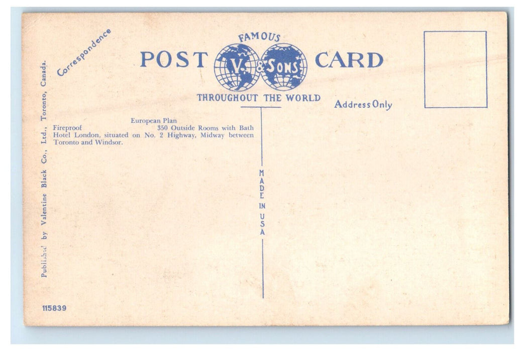 c1940s Hotel London London, Ontario Canada CA Vintage Unposted Postcard