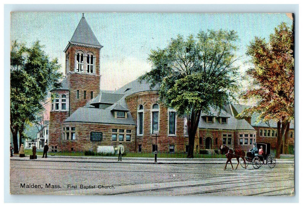 1910 First Baptist Church Horse And Buggy Malden Massachusetts MA Postcard