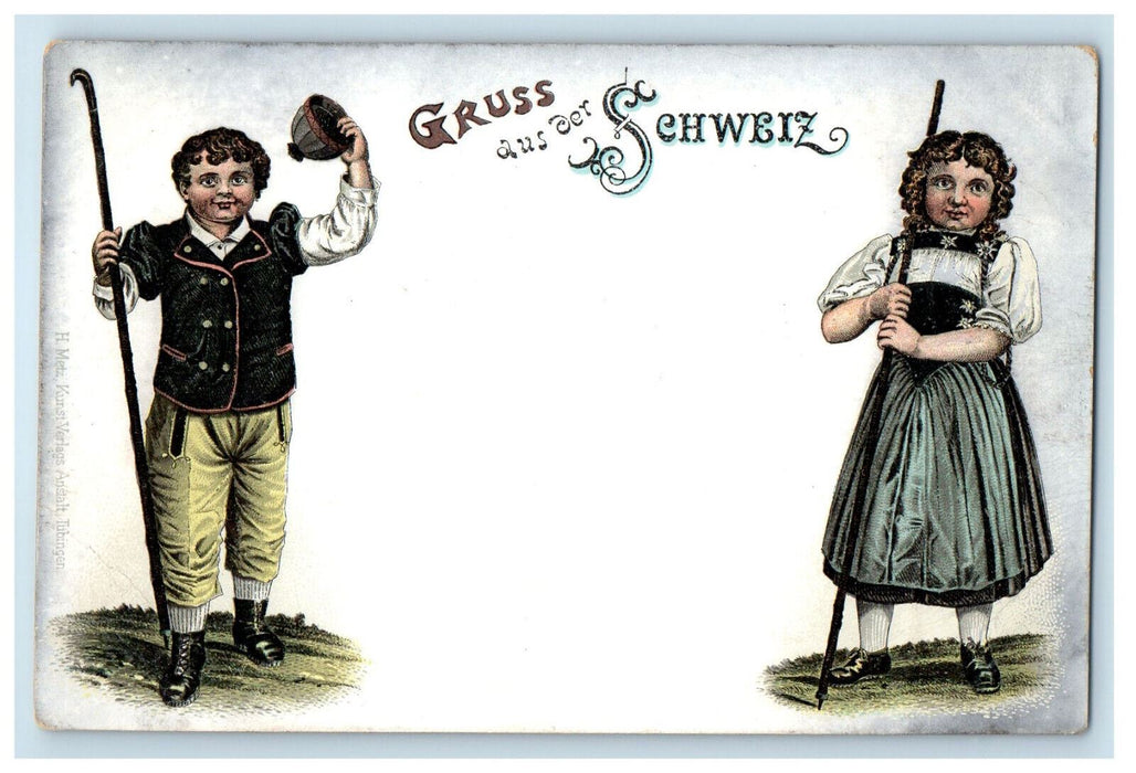 c1910 Boy and Girl, Gruss Aus Der Schweiz (Switzerland) Unposted Postcard