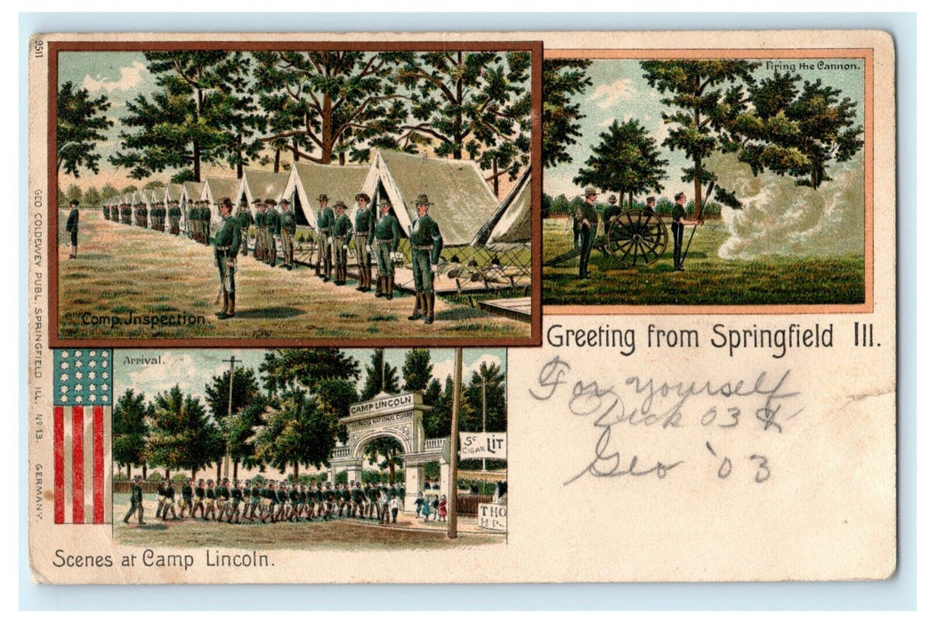 1906 Greetings From Springfield Illinois IL Camp Lincoln Military Postcard