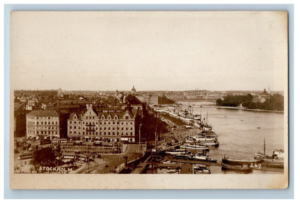 Bird's Eye View Of Stockholm Sweden, Dock And Trolley Train RPPC Photo Postcard