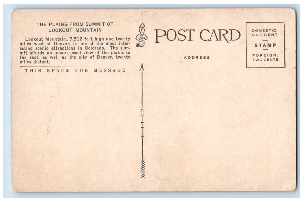 c1920 Plains Summit Lookout Mountain Denver Mountain Parks Colorado CO Postcard
