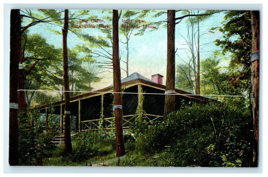 c1910 Log Cabin Front View Pine Bank Park Malden Massachusetts MA Postcard