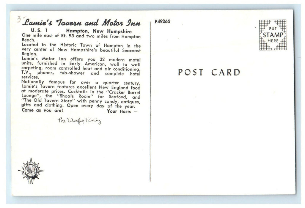 c1960 Lamie's Tavern and Motor Inn Hampton New Hampshire NH Advertising Postcard
