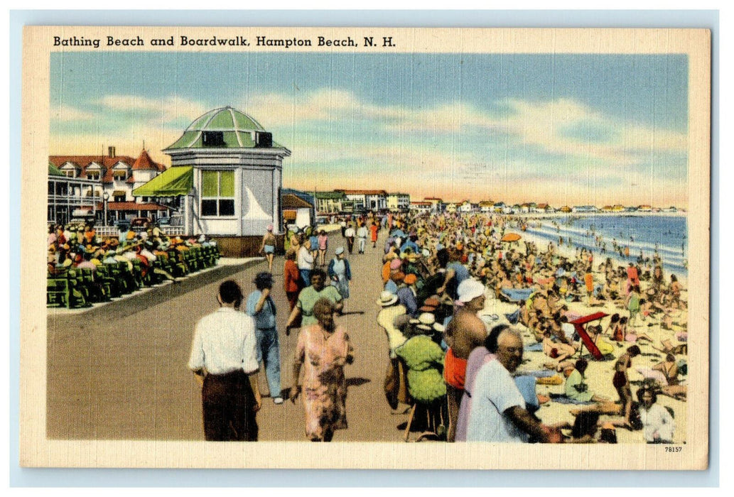 1948 Bathing Beach and Boardwalk Hampton Beach New Hampshire NH Postcard