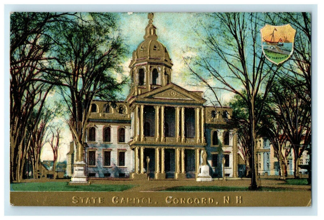c1910 State Capitol Gold Embossed Seal Concord New Hampshire NH Antique Postcard