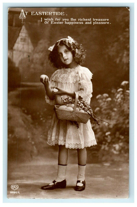 1914 Easter Girl with Basket Eggs Germany Antique RPPC Photo Postcard