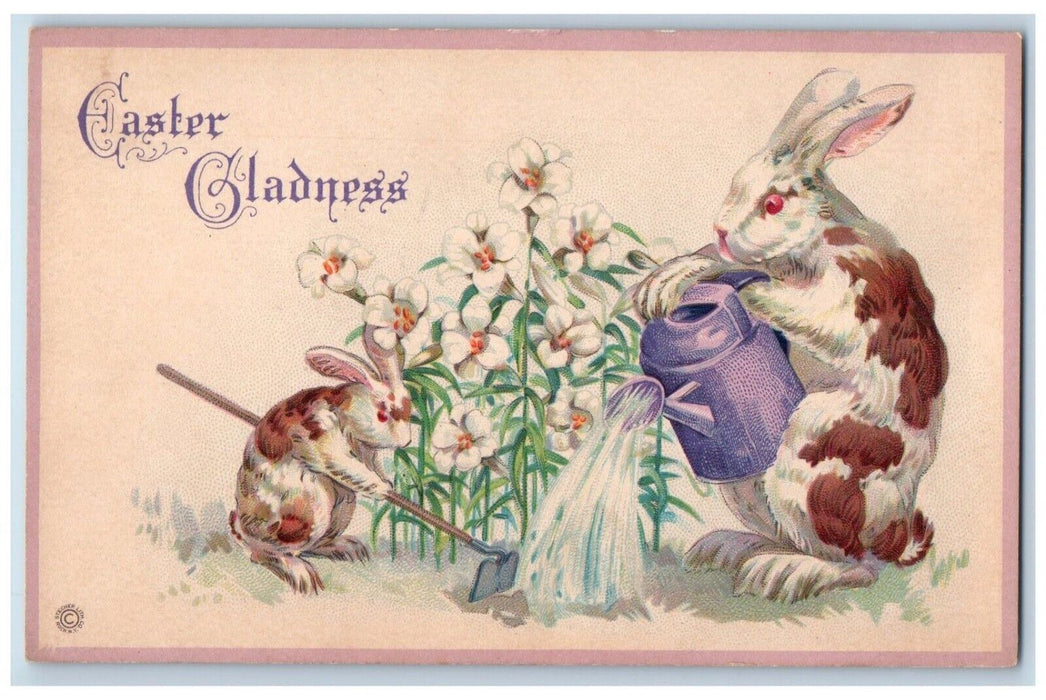 c1910's Easter Gladness Anthropomorphic Rabbit Watering Lilies Flowers Postcard
