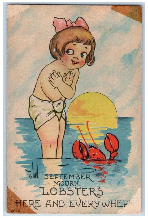 c1910's September Mourn Lobster Little Girl Undressed Sun Humor Posted Postcard