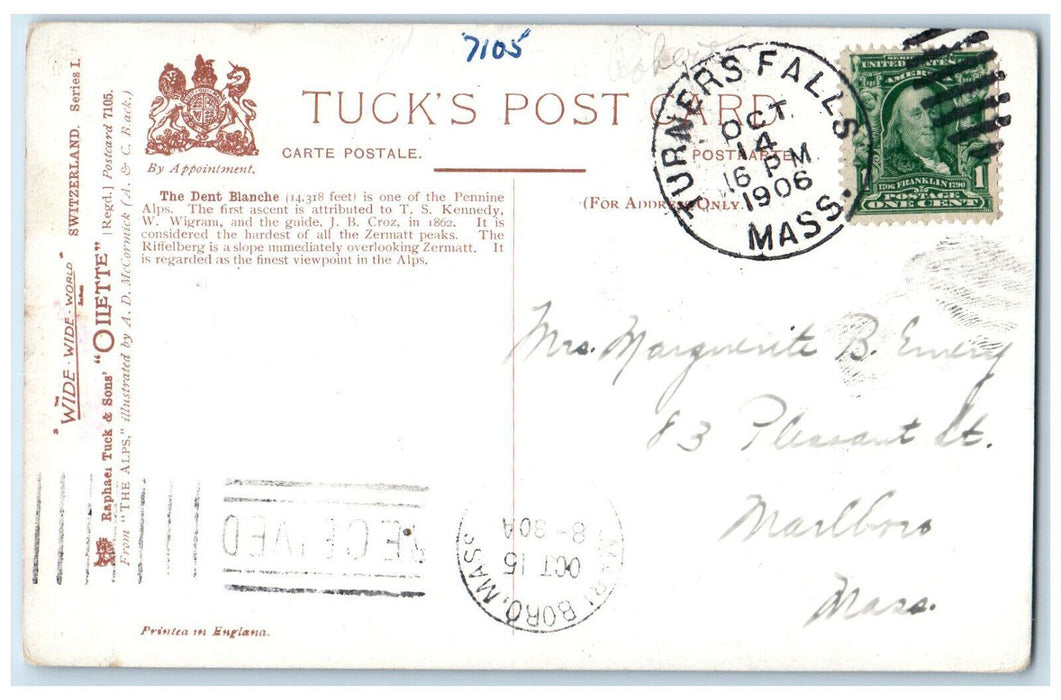 1906 The Dent Blanche Switzerland Turners Falls MA Oilette Tuck Art Postcard