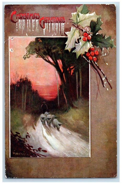 c1910 Christmas Greetings Christmas Holy Leaf Sheep Oilette Tuck Art Postcard