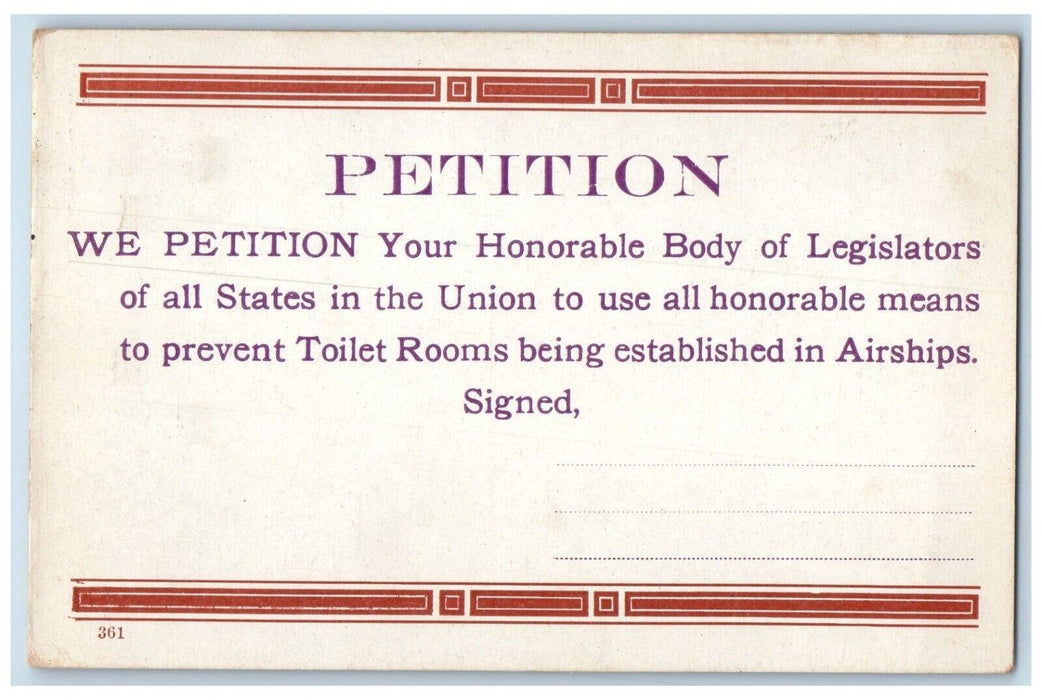 c1910's Petition No Toilets On Airships Weird Humor Unposted Antique Postcard