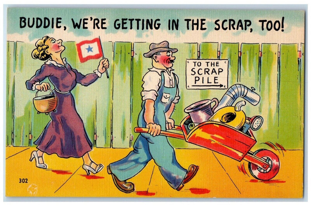 c1940's Woman We're Getting In The Scrap Too WW2 Unposted Vintage Postcard