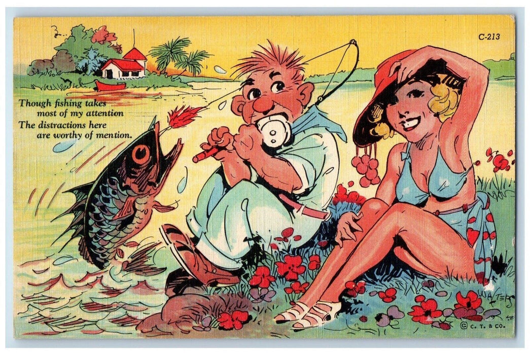 1943 Man Fishing Risque Humor Soldier Mail Tampa Florida FL Vintage Postcard