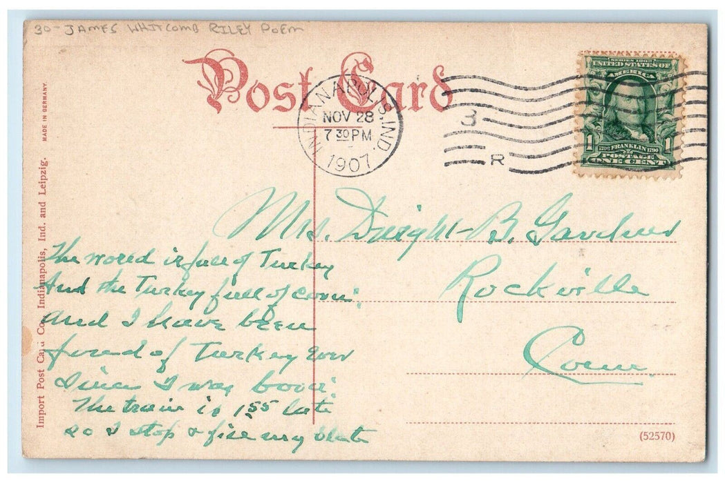 1907 James Whitcomb Riley Poem Riley Roses Indianapolis Indiana IN Postcard