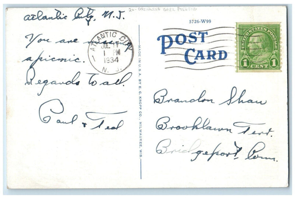1934 Drinking Beer Fishing Fish Boat Atlantic City New Jersey NJ Posted Postcard