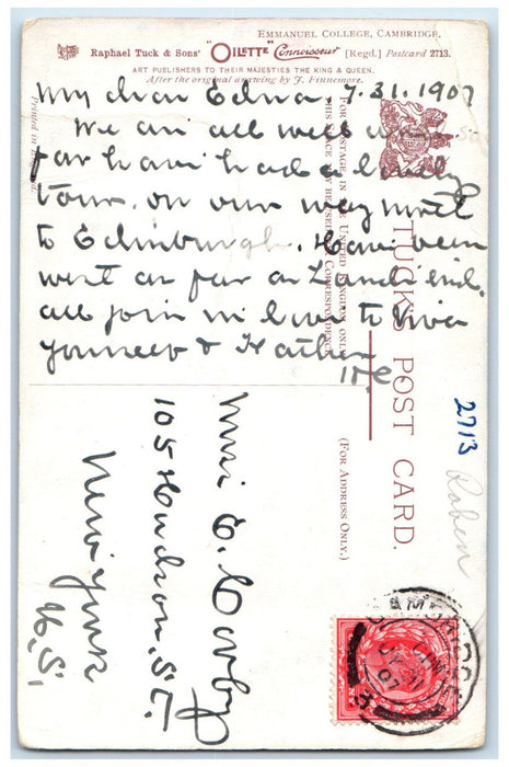 1907 Emmanuel College Cambridge Oilette Connoisseur Tuck Art Postcard