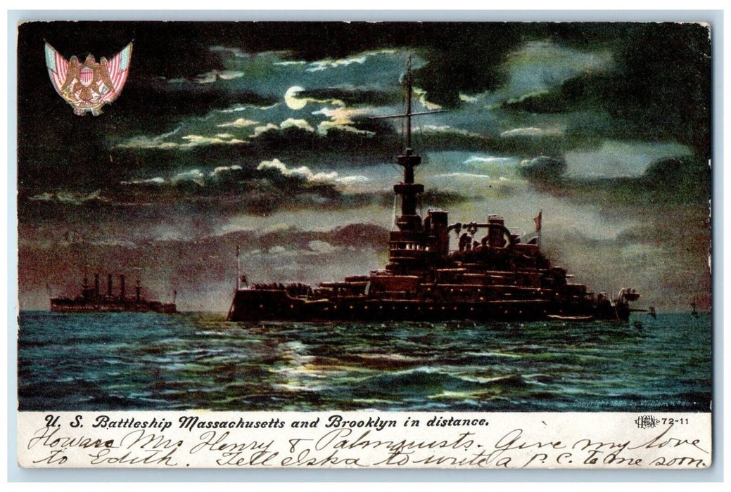1910 US Battleship Massachusetts Brooklyn Distance Steamer Cruise Moon Postcard