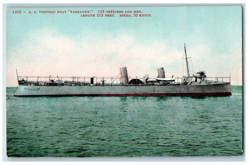 c1910 US Torpedo Boat Parragut 125 Officers Men Steamer Ship World War Postcard