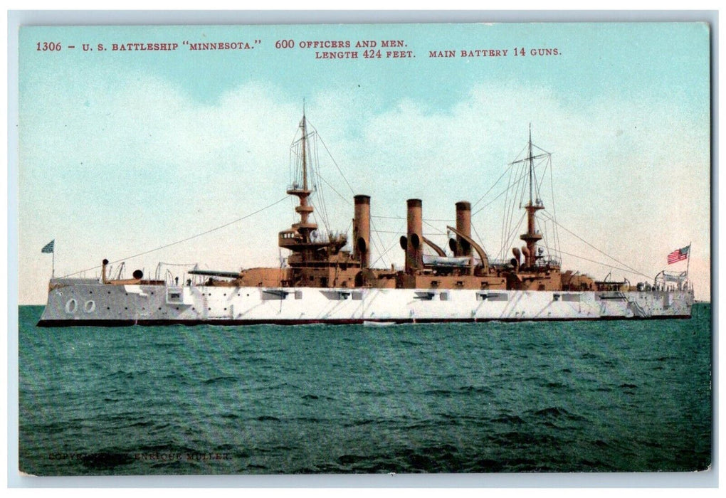 c1910 US Battleship Minnesota Main Battery World War Steamer Ship Sea Postcard