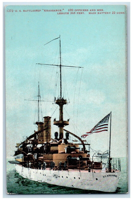 c1910 US Battleship Kearsarge Officers Men World War Steamer Ship Flag Postcard