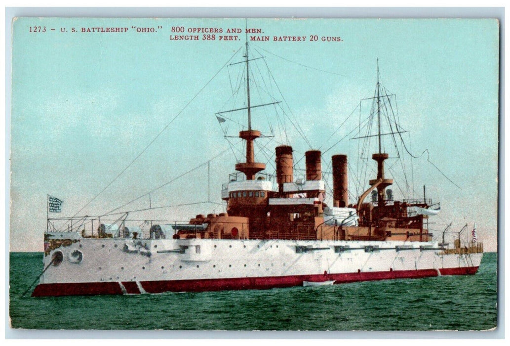 c1910 U.S. Battleship Ohio 800 Officers Main Battery Steamer World War Postcard