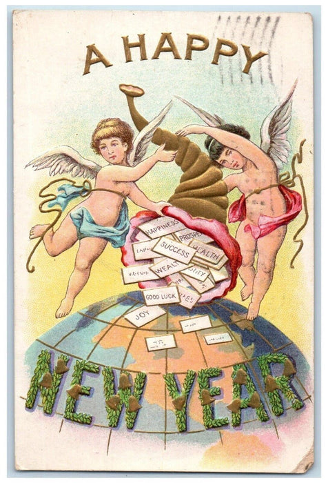 1910 New Year Angels Cornucopia Letters On Top Of Globe Waynesboro PA Postcard