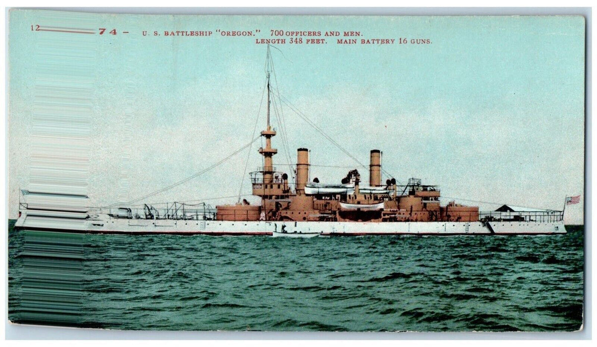 c1910 US Battleship Oregon 700 Officers Men Battery World War Steamer Postcard