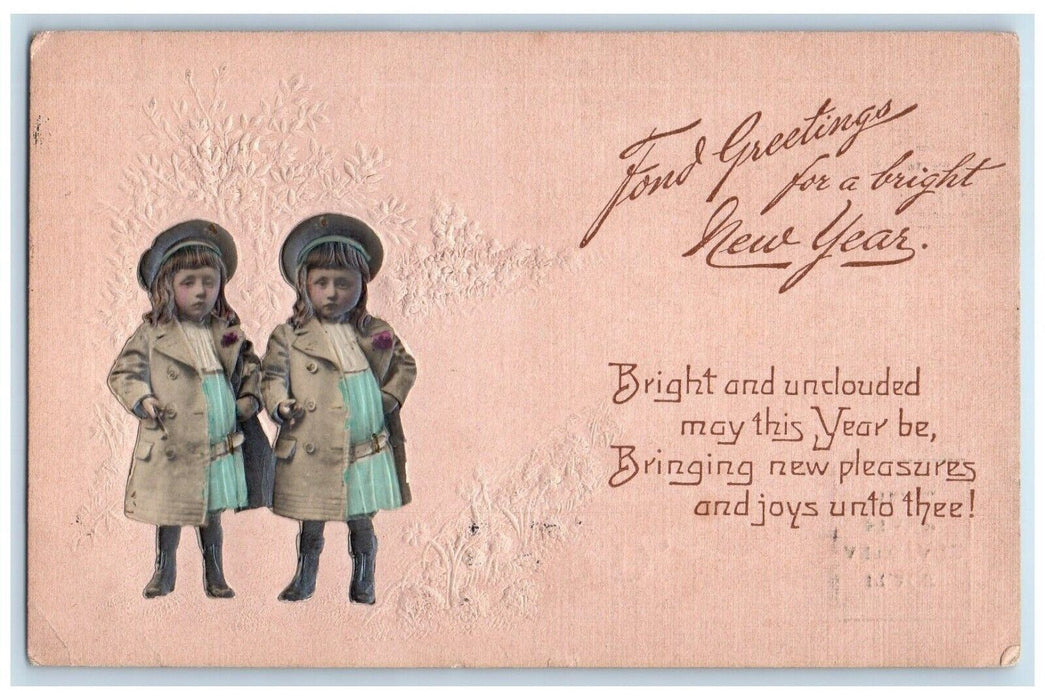 1908 New Year Greetings Little Girls Clapsaddle Embosses Los Angeles CA Postcard